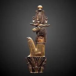 Amulet in the form of Heryshaf seated on a lotus; 1069–332 BC; gold; height: 11.5&nbsp;cm, width: 3.4&nbsp;cm; Louvre