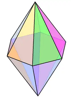 Hexagonal bipyramid: a bipyramid with twelve isosceles triangles, obtained by attaching two hexagonal pyramids base-to-base.[22] If both affixed pyramids have regular bases and apices perpendicular to the center of their base, the bipyramid has D6h symmetry of order 24.[23] Like any other bipyramids, the hexagonal bipyramid is face-transitive and the dual of hexagonal prism.[24][25]