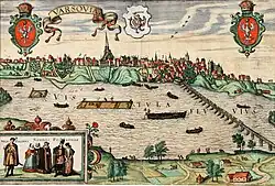 Vistula River in Warsaw near the end of the 16th century. The right side shows the Sigismund Augustus bridge built 1568–1573 by Erazm Cziotko (c.&nbsp;500&nbsp;m (1,600&nbsp;ft) long).[49]