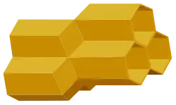 A computer-generated model of two opposing honeycomb layers, showing three cells on one layer fitting together with three cells on the opposing layer