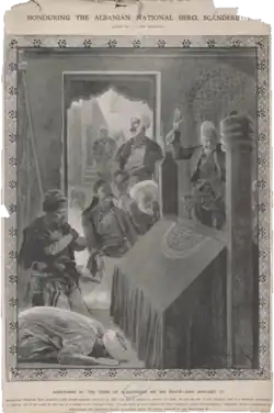 Honoring the Albanian National Hero, Scanderbeg. Albanians at the Tomb of Scanderbeg on His Death Day. Drawn by R. Caton Woodville, 17 January 1908.