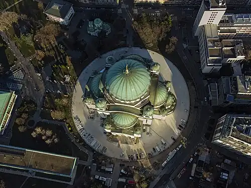 Aerial view of Vračar plateau and domes of the Saint Sava church