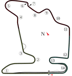A track map of the Hungaroring circuit. The track has 16 corners, which range in sharpness from hairpins to gentle, sweeping turns. There are three long straights that link the corners together. The pit lane splits off from the track on the inside of Turn 16, and rejoins the track after the start-finish straight.