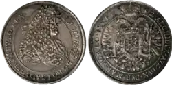 Hungarian Thaler of Leopold I minted in 1692. Latin inscription: Obverse, LEOPOLDVS D[EI] G[RATIA] RO[MANORVM] I[MPERATOR] S[EMPER] AVG[VSTVS] GER[MANIAE] HV[NGARIAE] BO[HEMIAE] REX; Reverse, ARCHIDVX AVS[TRIAE] DVX BVR[GVNDIAE] MAR[CHIO] MOR[AVIAE] CO[MES] TY[ROLIS] 1692, "Leopold, by the grace of God, Emperor of the Romans, Ever Augustus, King of Germany, Hungary, and Bohemia; Archduke of Austria, Duke of Burgundy, Margrave of Moravia, Count of Tyrol 1692"