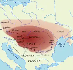 Estimated territory under Hunnic control under Attila, c. 450 AD