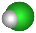 Space-filling model of hydrogen chloride with atom symbols