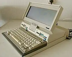 The IBM PC Convertible (model 5140; 1986), the first IBM PC compatible laptop and the first to use to use 3+1⁄2-inch floppy disks.