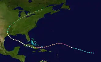 Map showing the path of Hurricane Ike, which moved from right to left. The track crosses over several landmasses to the left of the image, before curving towards the upper half of the map.