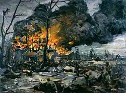 Building on left with orange flames and a plume stretching to the right top corner: Leafless trees and soldiers can be seen on the lower left of the picture.