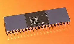 40-pin gray ceramic DIP on orange background labeled with Intel logo, C8086 and '78 copyright