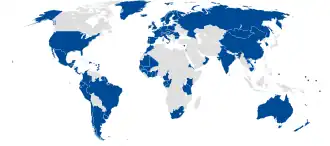 World map showing International Whaling Commission (IWC) members in blue