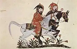 A scene from the book of Ahmad ibn al-Husayn ibn al-Ahnaf, showing two galloping horsemen, 1210 AD.