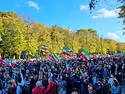 A number of Lion and Sun flags seen in Germany in solidarity during the Mahsa Amini protests, October 2022