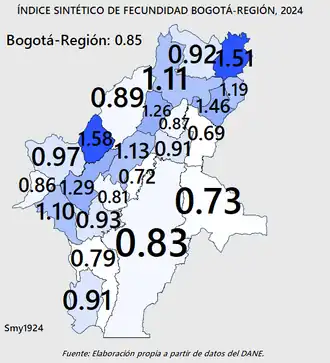 TFR by municipality, Bogotá metropolitan area, 2024.