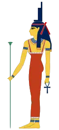 Profile of a woman in ancient Egyptian clothing. She has yellow skin and wears a headdress shaped like a tall chair.