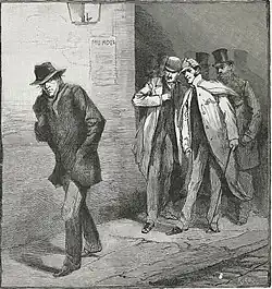 Drawing of a man with a pulled-up collar and pulled-down hat walking alone on a street, watched by a group of well-dressed men behind him