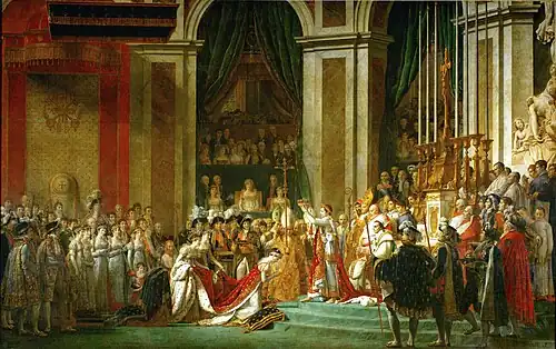 Colored painting depicting Napoleon crowning his wife inside of a cathedral
