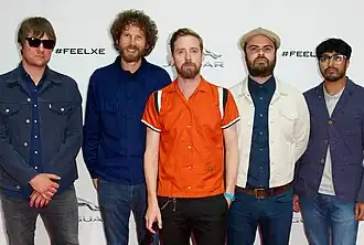 the Kaiser Chiefs at the launch of the Jaguar XE in 2014 From left: Andrew White, Simon Rix, Ricky Wilson, Nick Baines, Vijay Mistry