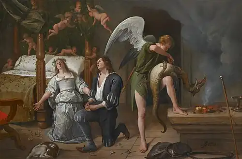 The wedding of Tobias and Sarah: Raphael binds the demon. Jan Steen,  1660