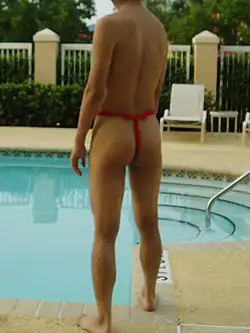 A Japanese man in traditional Fundoshi-rokushaku swimwear