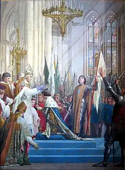 Coronation of Charles VII in 1429, by Jules Eugène Lenepveu, depicting St. Joan of Arc at right.