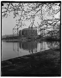 The Jefferson Memorial's construction as seen from across the left side of the Tidal Basin in 1940