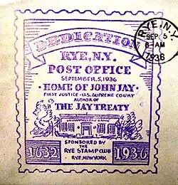 Rye, New York Post Office Dedication Stamp and cancellation, September 5, 1936