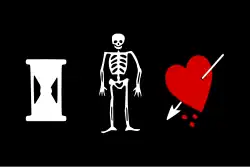 Boston News Letter described the flag of John Phillips as "Their own dark flag, in the middle of which an anatomy, and at one side of it a dart in the heart, with drops of blood proceeding from it; and on the other side an hour-glass."[25]