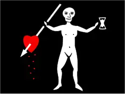John Quelch's Old Roger flag is described as having "in the middle of it an Anatomy with an Hourglass in one hand and a dart in the Heart with three drops of Blood proceeding from it in the other."[73] However, there is no evidence whatsoever that Quelch flew any flag other than the Flag of St. George or possibly a privateer's flag of St. George quartered on a red background similar to today's British merchant colors. Courtroom testimony from the crew maintained that the flag of England had been flown at all times.