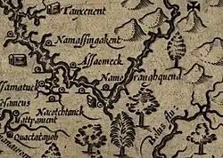Detail from John Smith's 1624 map of the Chesapeake region that features the present-day Arlington County area, which is oriented toward the west. The Nameroughquena settlement is positioned near the center along the Potomac River