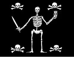 Anne Bonny and Mary Read's Jolly Roger depicted on the front cover of Daniel Defoe's Historie der Zee-Roovers, 1725, showing a skeleton holding an hourglass and a sword and flanked by four death's heads [74]
