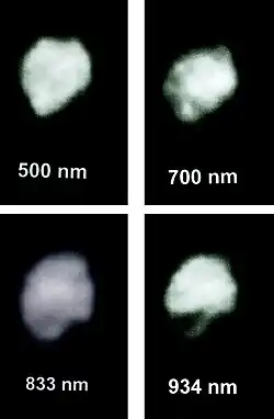 Juno seen at four wavelengths with a large crater in the dark (Hooker telescope, 2003)