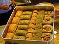 Several types of Baklava in Istanbul, sarma baklava can be seen (second from left)