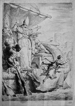 An engraving depicting a boy jumping from a ship into a river; a bearded bishop raises his arms