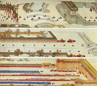 Kangxi Emperor and his escorts walking through Tiananmen after his tour in Southern china