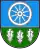 A coat of arms depicting a white wheel on a light blue background at the top and three white leaves on a green background at the bottom