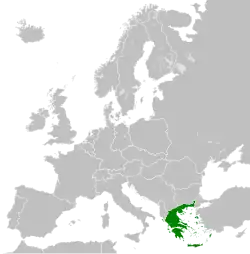 Map of Europe in 1973, showing Greece highlighted in green