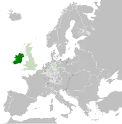The Kingdom of Ireland in 1789; other realms in personal union are in light green