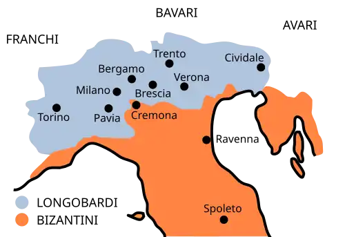 A map of Italy divided in orange and green colors, with a green blot for "Longobard" an orange one for "Byzantine"
