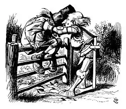 Drawing of old man sitting on a gate with an old man in medieval armour facing him