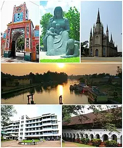 Top to bottom, left to right: MC Mathew memorial at Thirunakkara, Aksharashilpam, Immaculate Heart of Mary Cathedral, Kodimatha Boat Jetty, Kottayam Government Medical College, CMS College Kottayam