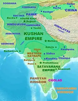 Kushan territories (full line) and maximum extent of Kushan dominions under Kanishka (dotted line). The conquests in India are according to the Rabatak inscription,[24] the northern expansion into the Tarim Basin is mainly suggested by coin finds and Chinese chronicles.[25][26]