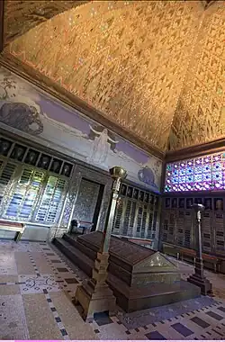 Crematorium (1908–1910), interior, with stylised fir tree design on ceiling. The symbolist murals by L'Epplattenier were added later.