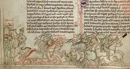 A drawing depicting fighting horsemen and dead soldiers on a field, and prisoners carried to a fortress