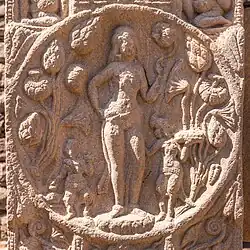 Lakshmi with lotus and two child attendants, probably derived from similar images of Venus[190]