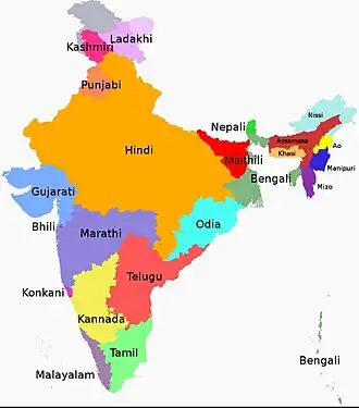 The regions of first-language speech of the main languages of India