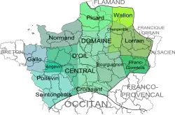 Map illustrating the geographic distribution of the Oïl languages according to Marie-Rose Simoni-Aurembou.