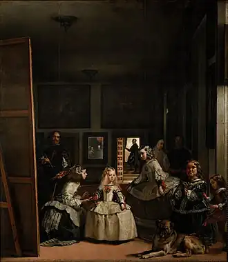 Las Meninas; by Diego Velázquez; 1656; oil on canvas; 3.18&nbsp;cm × 2.76&nbsp;m; Museo del Prado, Madrid, Spain[109]