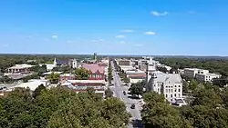 Aerial view of downtown Lawrence (2025)