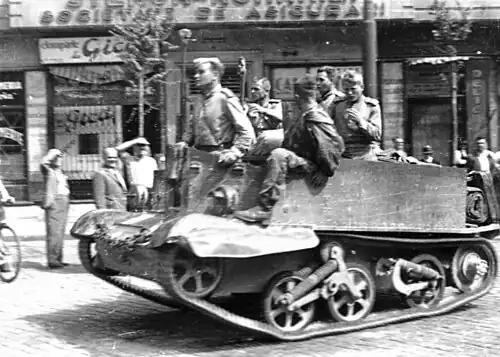The Red Army in Bucharest near Boulevard of Carol I. with British-supplied Universal Carrier